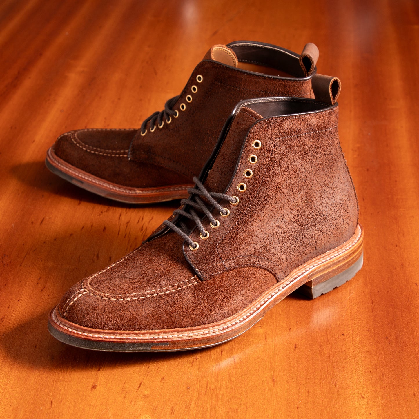 "B&T" Handsewn Norwegian Front Boot in Tobacco Reverse Chamois, Barrie Last