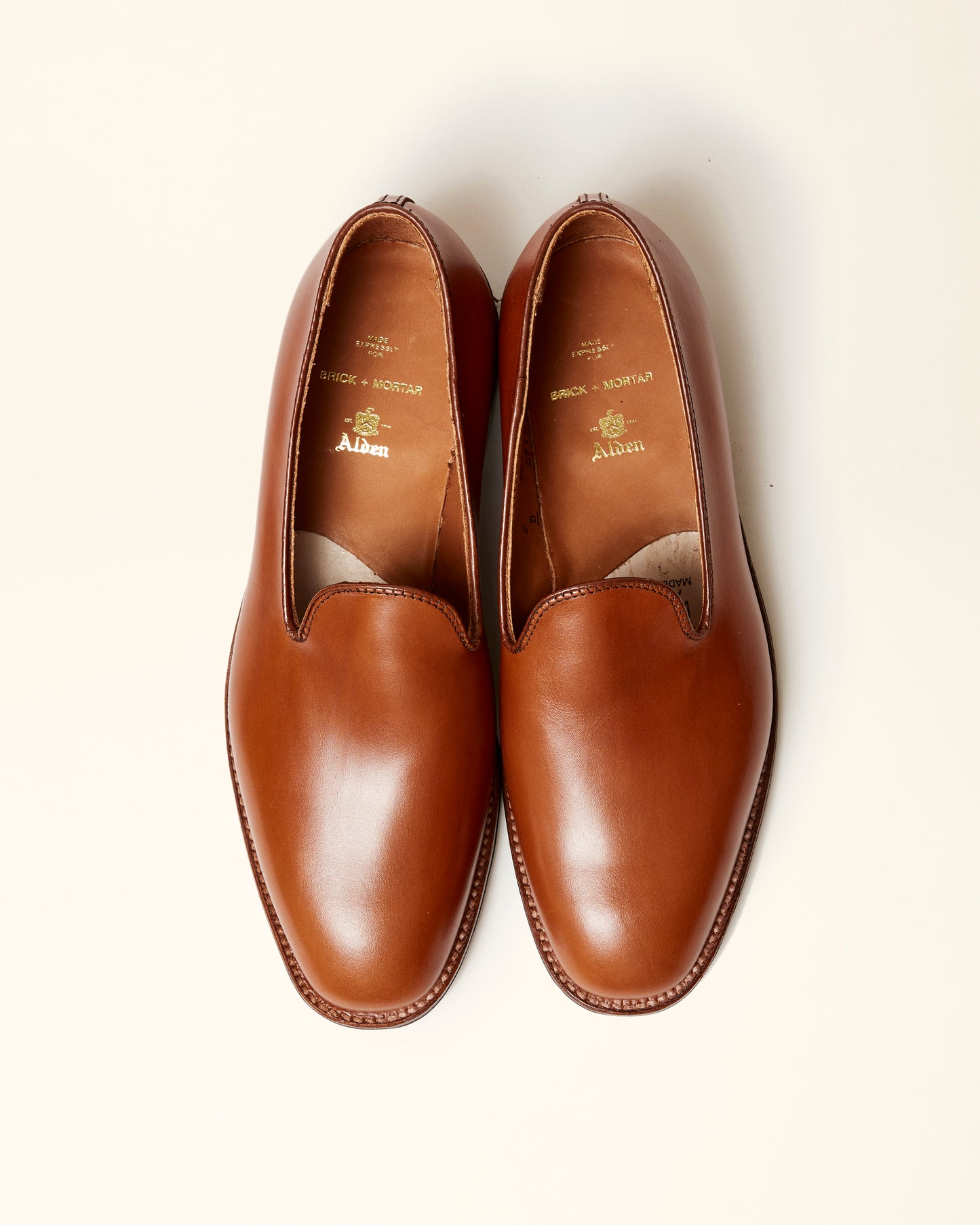 "Promenade" Plain Toe Slip On Loafer in Burnished Tan Calfskin, Plaza Last