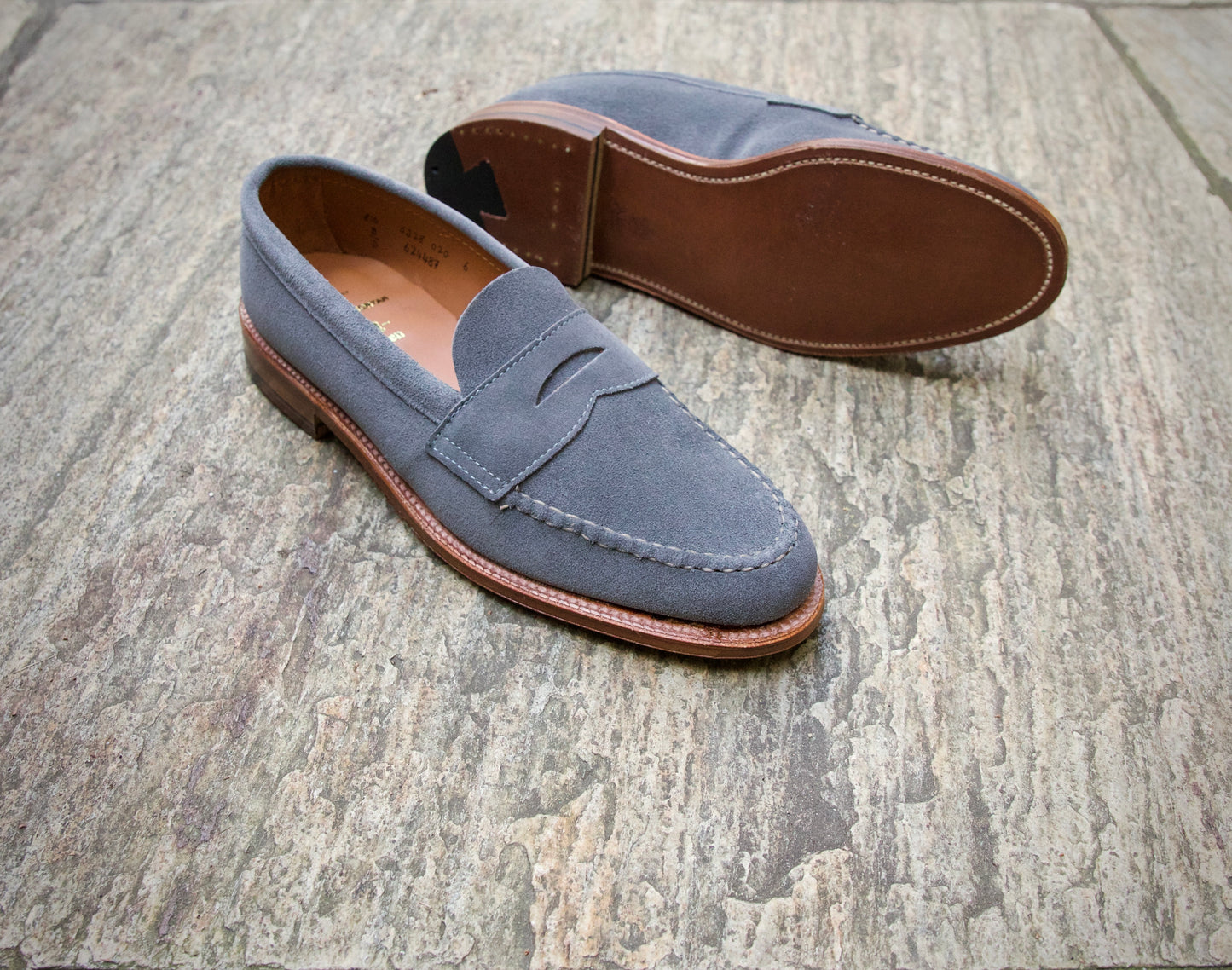"Standard H" Unlined Leisure Handsewn Penny Loafer in Lead Gray Suede, Van Last