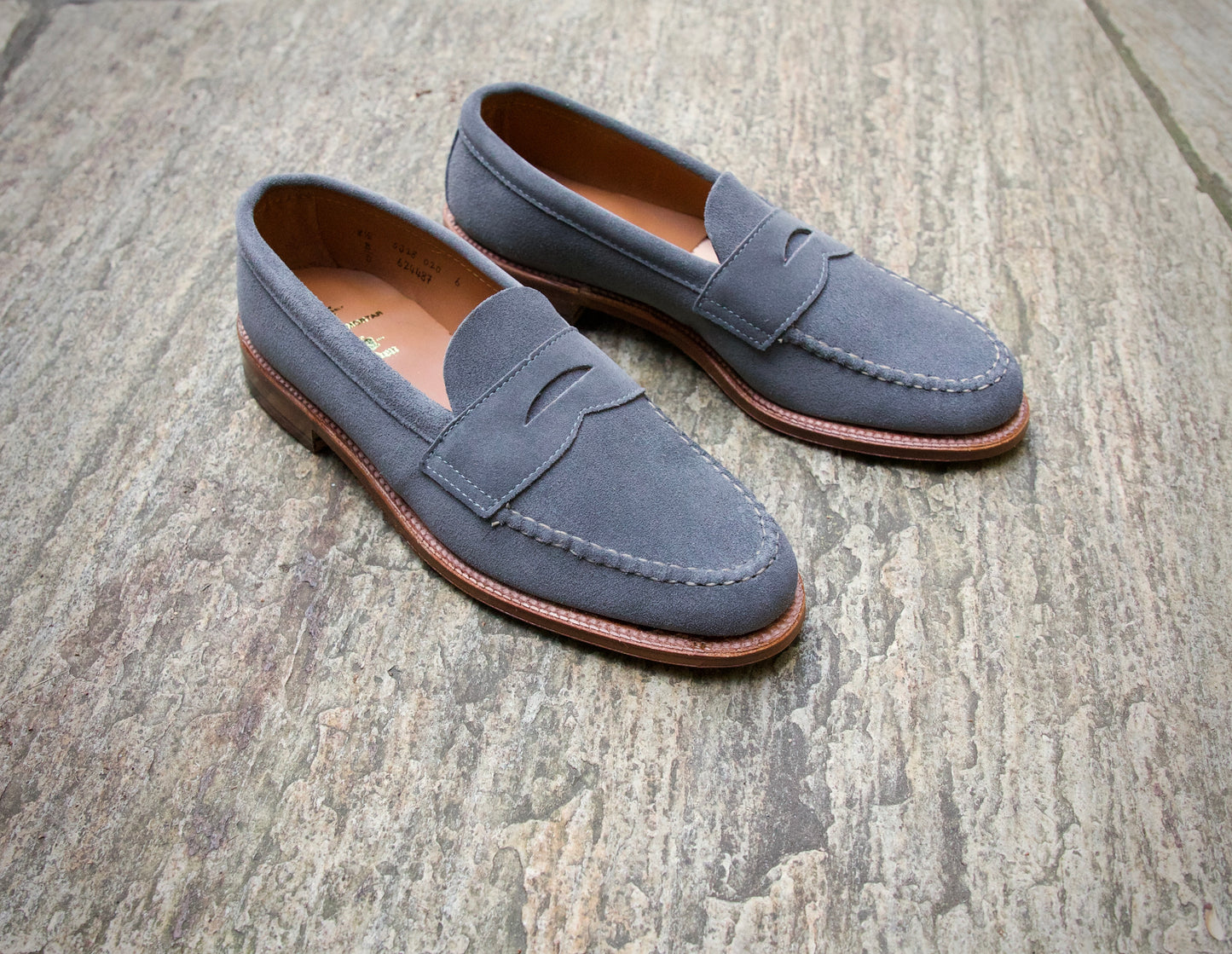 "Standard H" Unlined Leisure Handsewn Penny Loafer in Lead Gray Suede, Van Last
