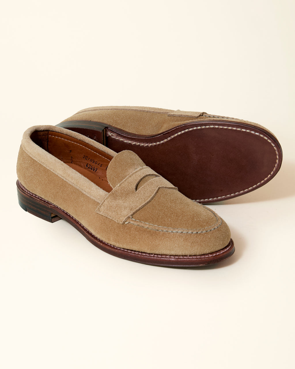 6244F Unlined Leisure Handsewn Penny Loafer in Tan Suede, Van Last