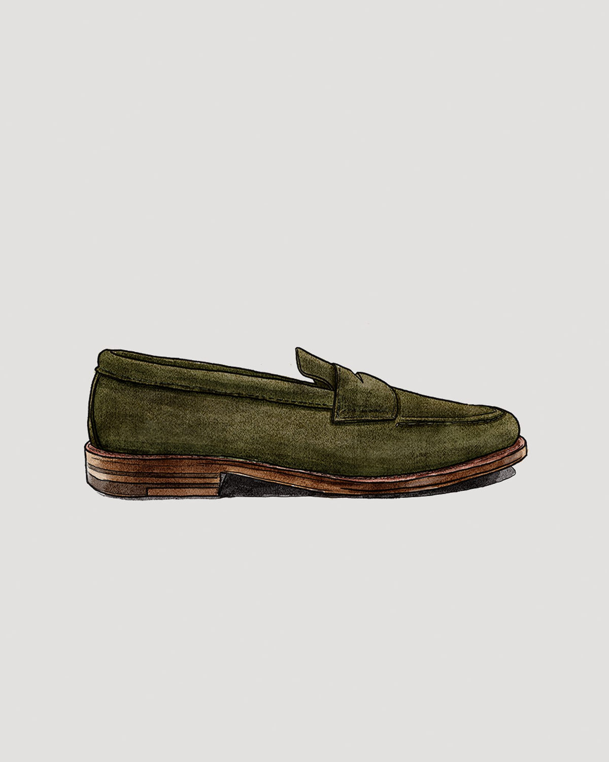 "Bogey" Unlined Leisure Handsewn Penny Loafer in Loden Green Suede, Van Last (Open Pre-Order)