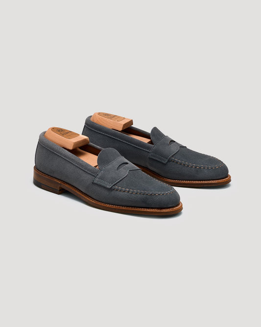 "Standard H" Unlined Leisure Handsewn Penny Loafer in Lead Gray Suede, Van Last