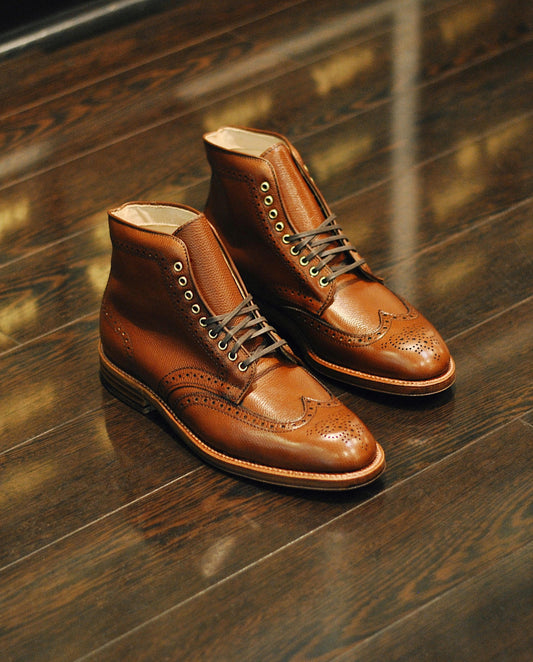 "Sumner” Wing Tip Boot in Tan Alpine Grain, Grant Last