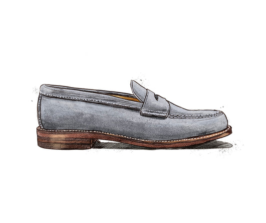 "Standard H" Unlined Leisure Handsewn Penny Loafer in Lead Gray Suede, Van Last