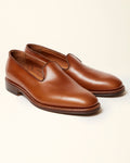 "Promenade" Plain Toe Slip On Loafer in Burnished Tan Calfskin, Plaza Last