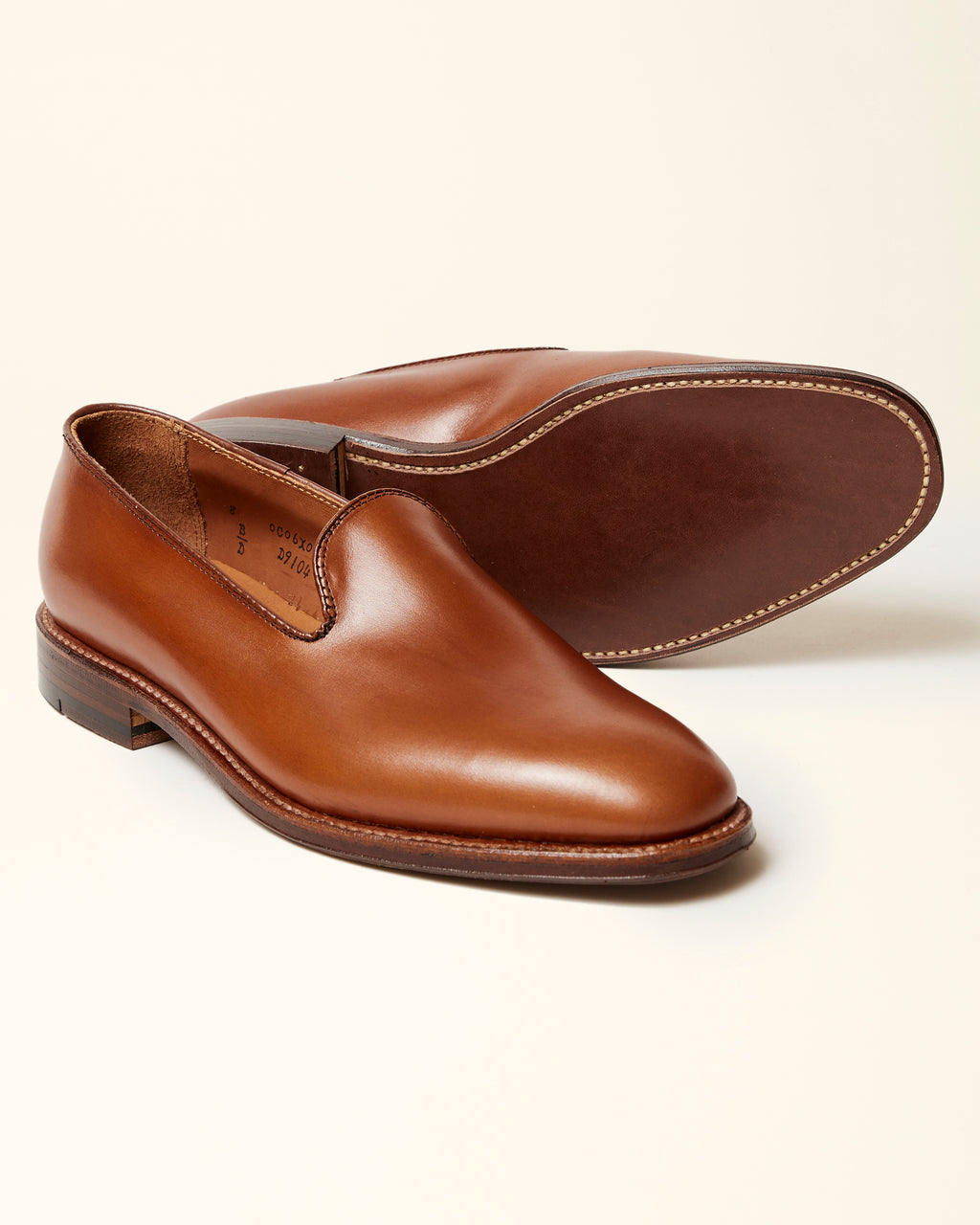 "Promenade" Plain Toe Slip On Loafer in Burnished Tan Calfskin, Plaza Last