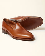 "Promenade" Plain Toe Slip On Loafer in Burnished Tan Calfskin, Plaza Last