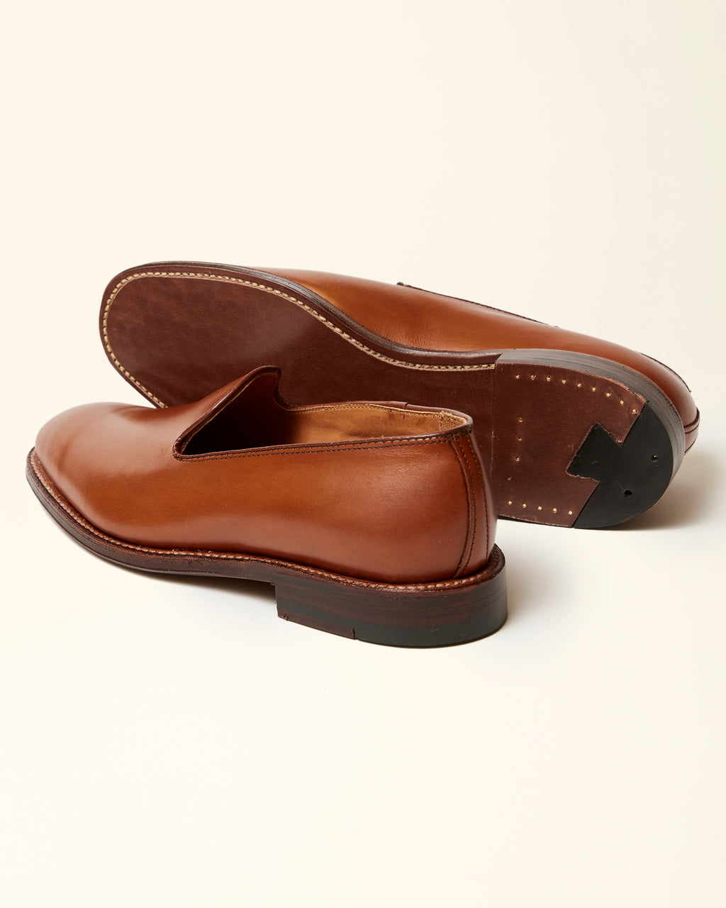 "Promenade" Plain Toe Slip On Loafer in Burnished Tan Calfskin, Plaza Last