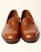 "Promenade" Plain Toe Slip On Loafer in Burnished Tan Calfskin, Plaza Last