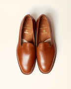 "Promenade" Plain Toe Slip On Loafer in Burnished Tan Calfskin, Plaza Last