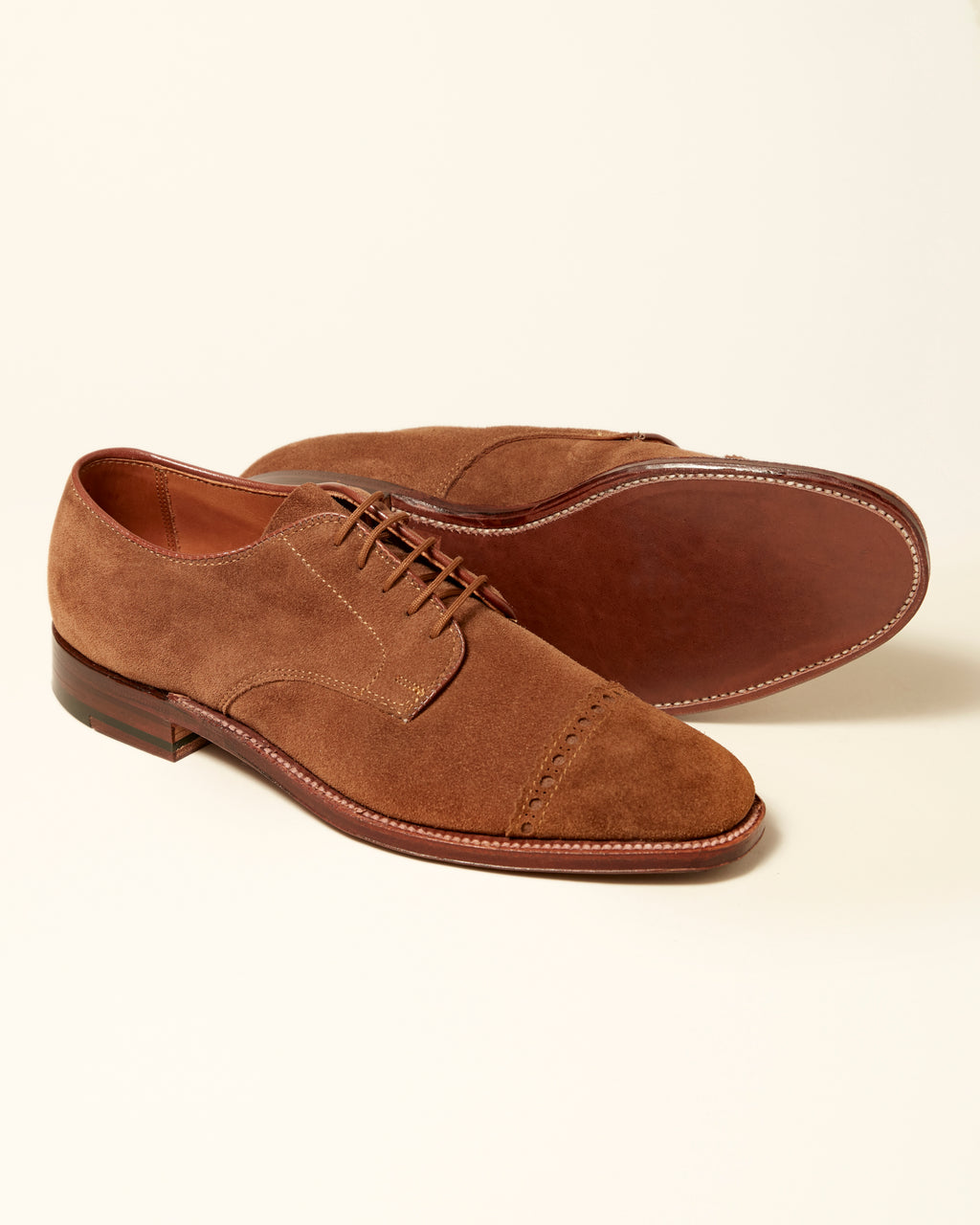 "Ambassador" Unlined Perforated Tip Derby in Snuff Suede, Plaza Last