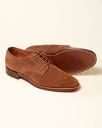 "Ambassador" Unlined Perforated Tip Derby in Snuff Suede, Plaza Last