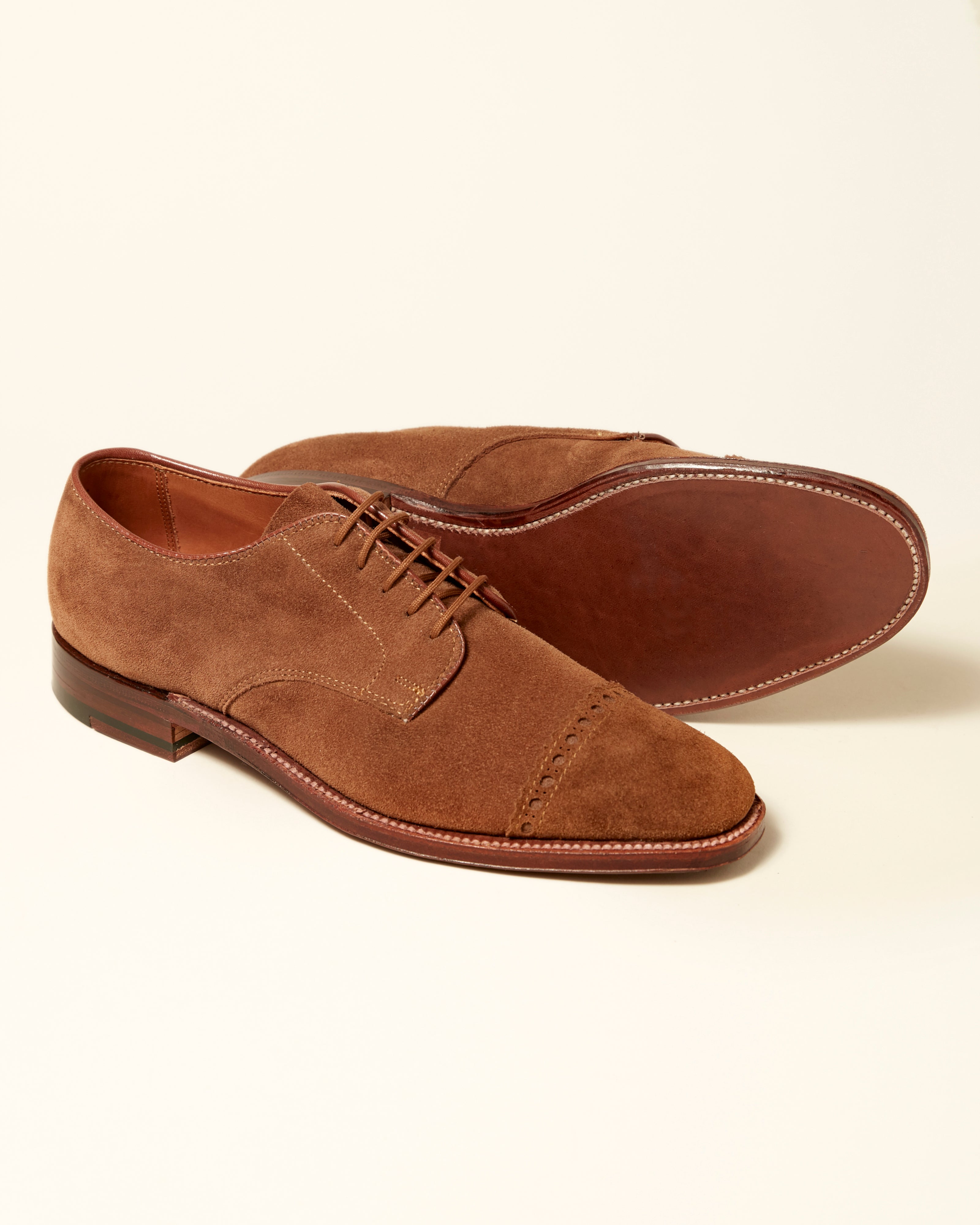 "Ambassador" Unlined Perforated Tip Derby in Snuff Suede, Plaza Last