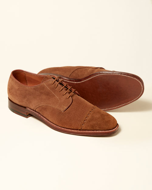 "Ambassador" Unlined Perforated Tip Derby in Snuff Suede, Plaza Last