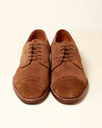 "Ambassador" Unlined Perforated Tip Derby in Snuff Suede, Plaza Last