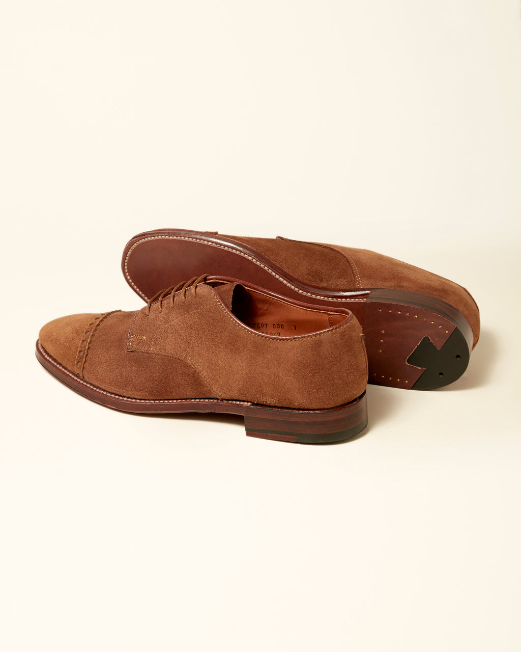 "Ambassador" Unlined Perforated Tip Derby in Snuff Suede, Plaza Last