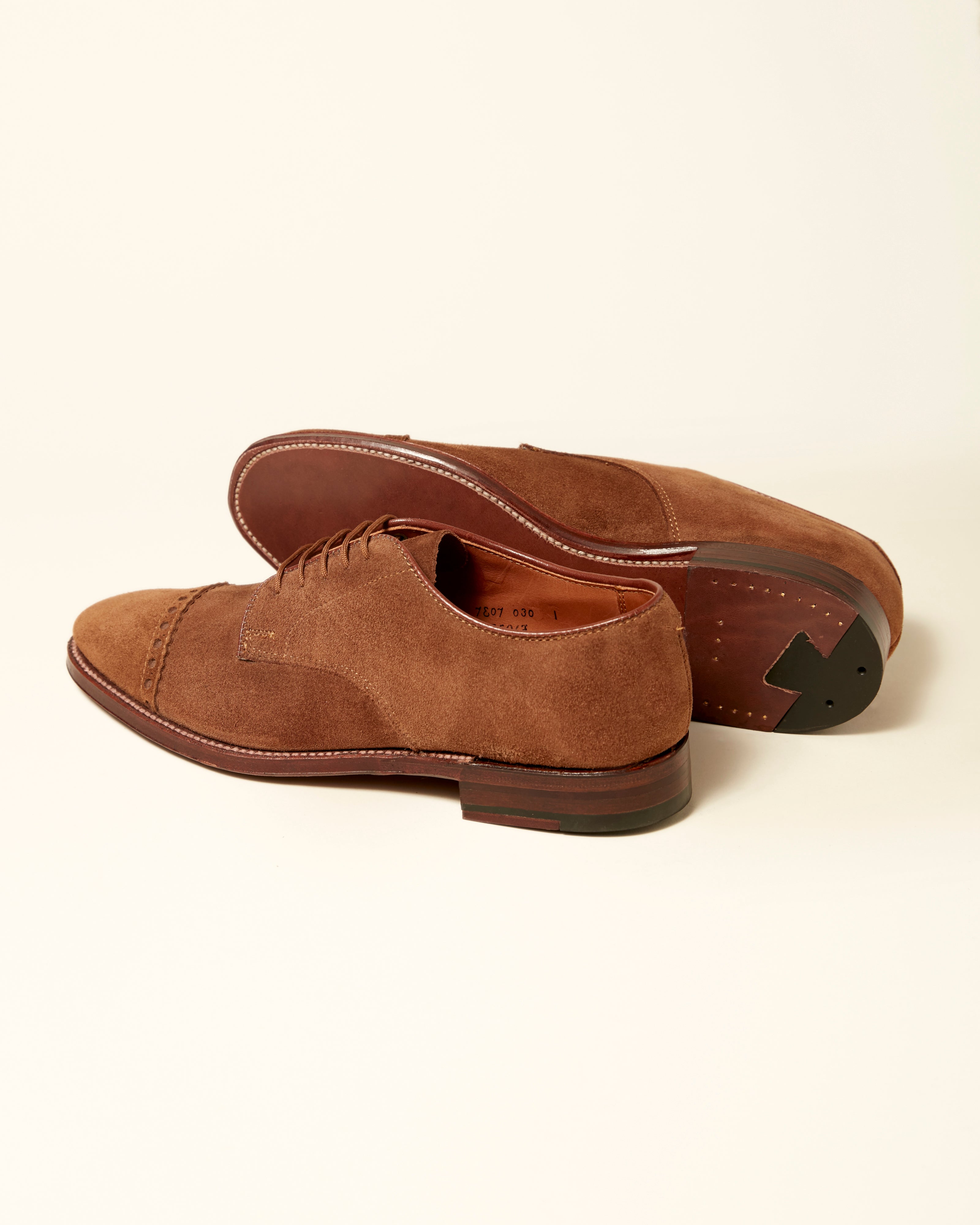 "Ambassador" Unlined Perforated Tip Derby in Snuff Suede, Plaza Last