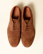 "Ambassador" Unlined Perforated Tip Derby in Snuff Suede, Plaza Last