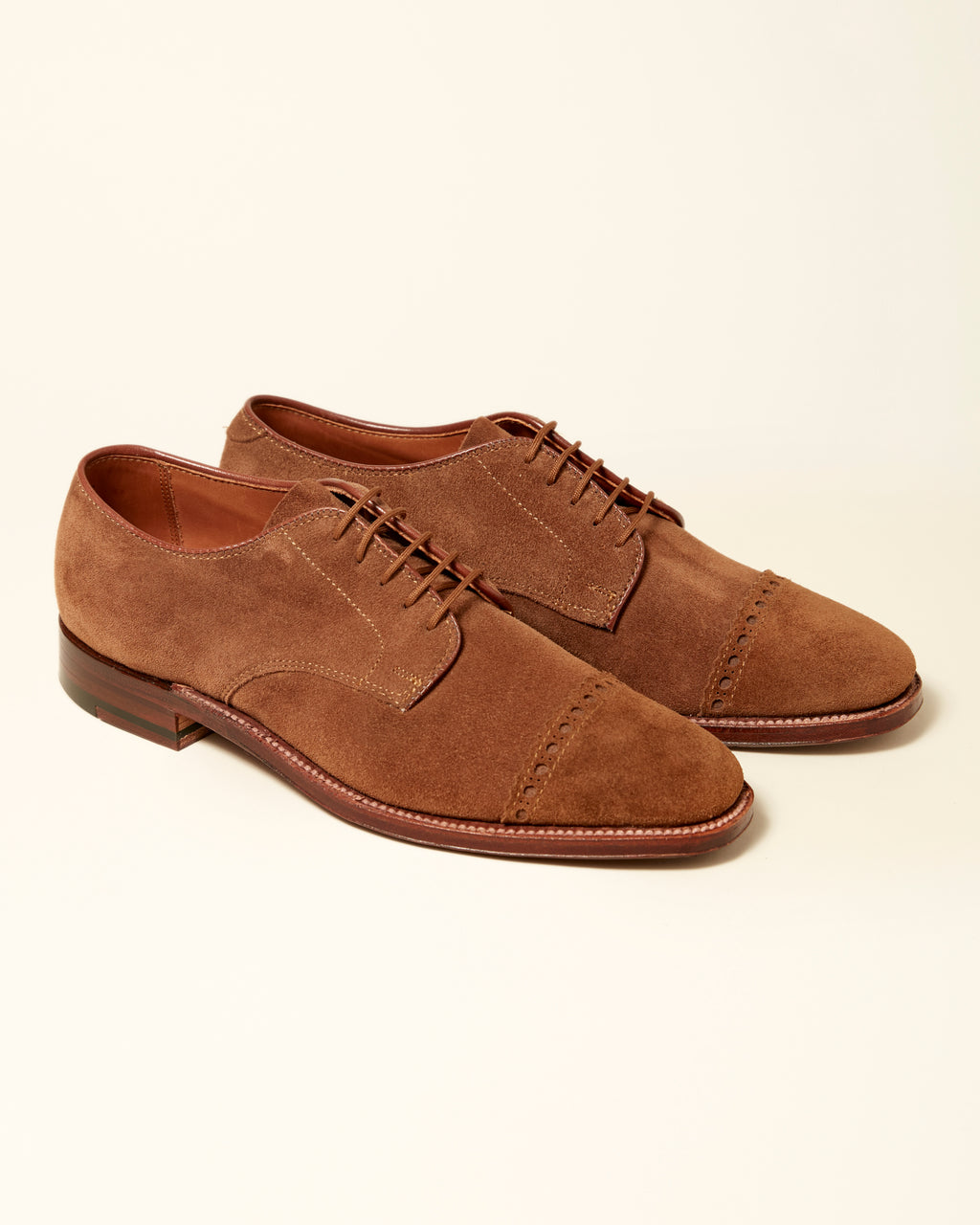 "Ambassador" Unlined Perforated Tip Derby in Snuff Suede, Plaza Last