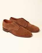 "Ambassador" Unlined Perforated Tip Derby in Snuff Suede, Plaza Last