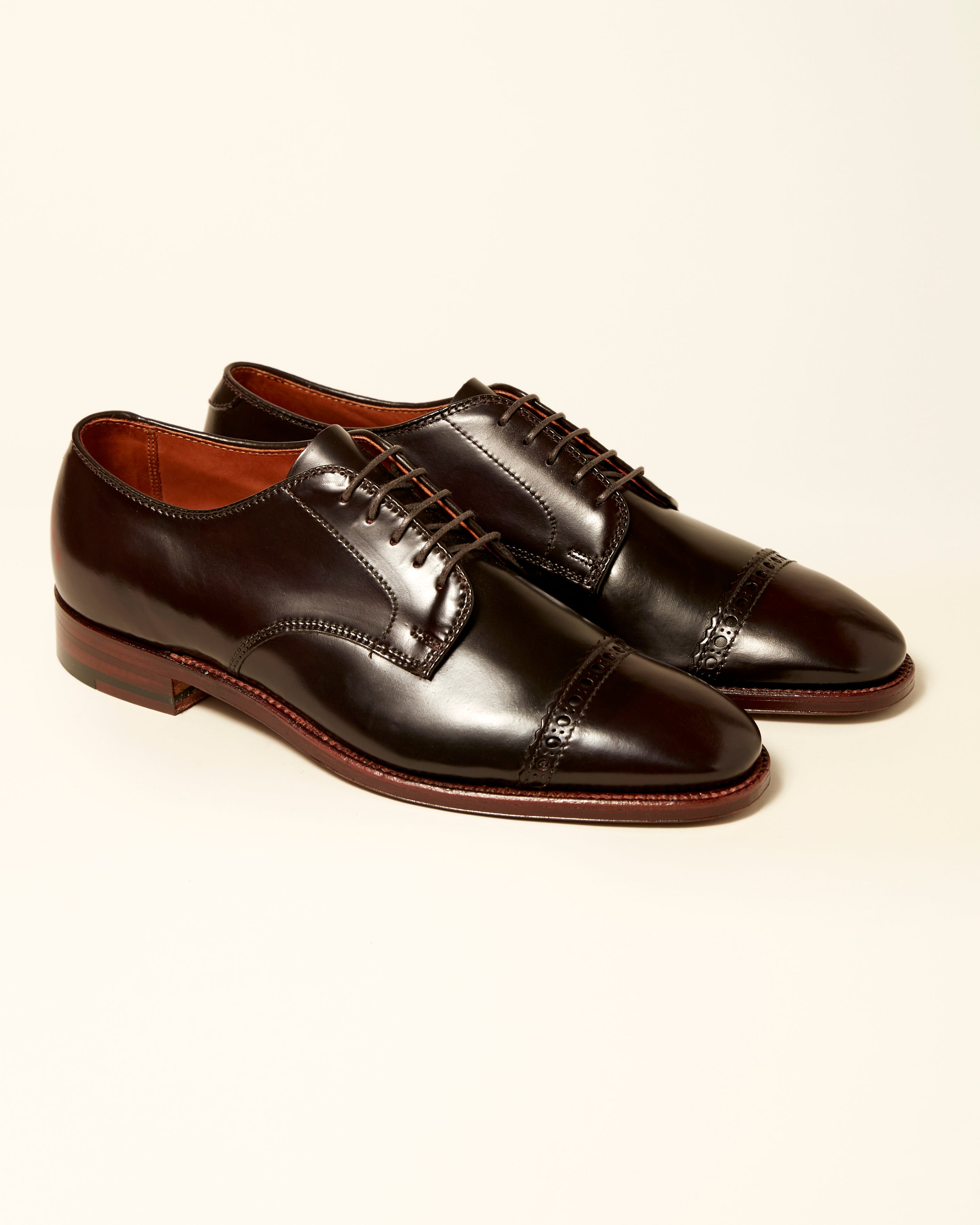 "Director" Unlined Perforated Tip Derby in Color 8 Shell Cordovan, Plaza Last